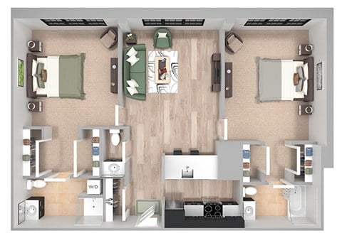 Floor plan for 2 beds, 2.5 baths, 1000 sqft